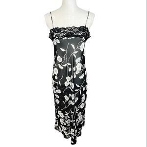 Y2K black floral slip dress lace sheer lingerie nightgown vintage midi chemise